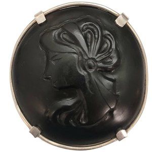 Sterling Silver Jet Carved Round Cameo Brooch, Signed Nina E181